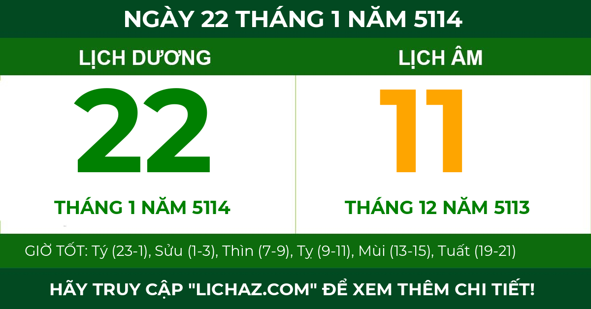 lịch âm ngày 22 tháng 1 năm 5114