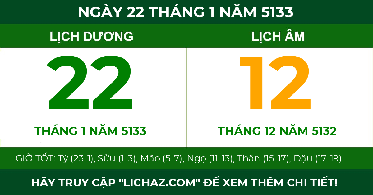 lịch âm ngày 22 tháng 1 năm 5133