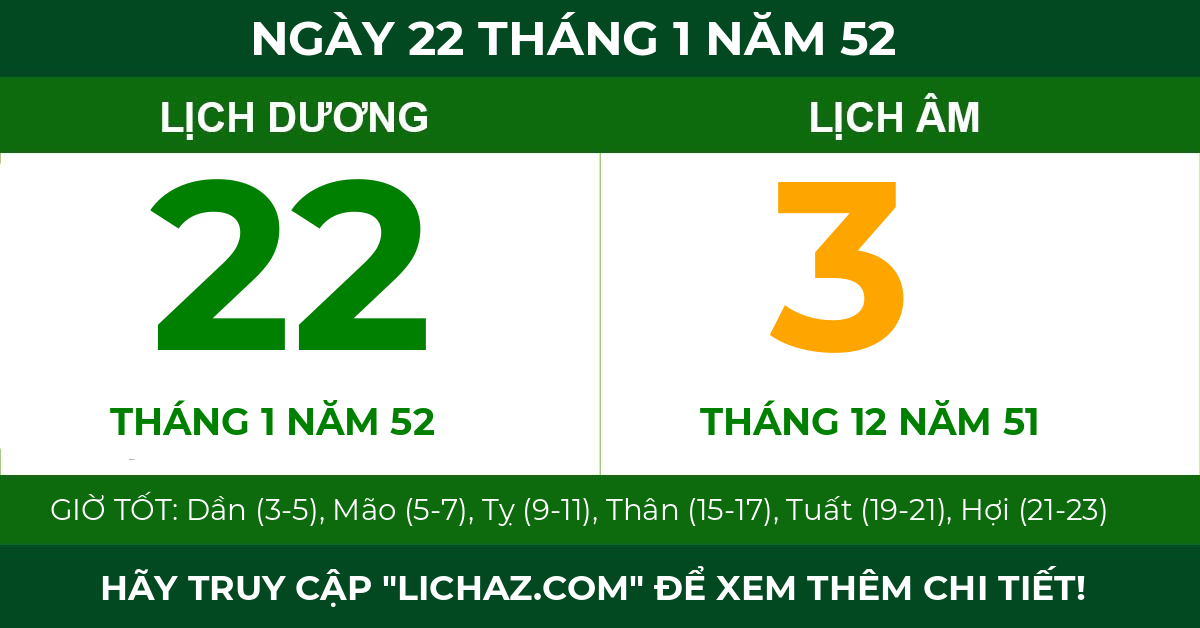lịch âm ngày 22 tháng 1 năm 52