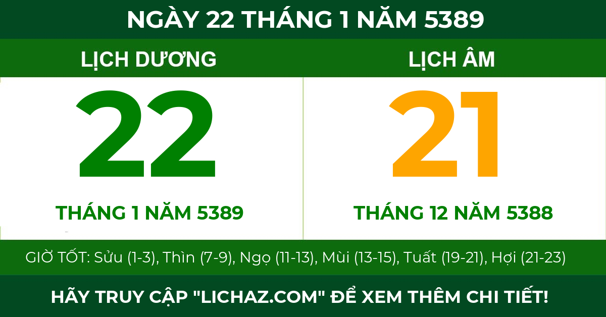 lịch âm ngày 22 tháng 1 năm 5389