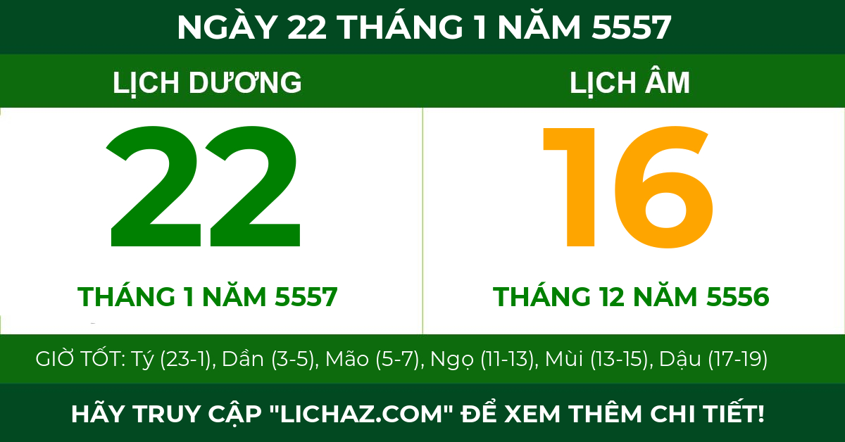 lịch âm ngày 22 tháng 1 năm 5557