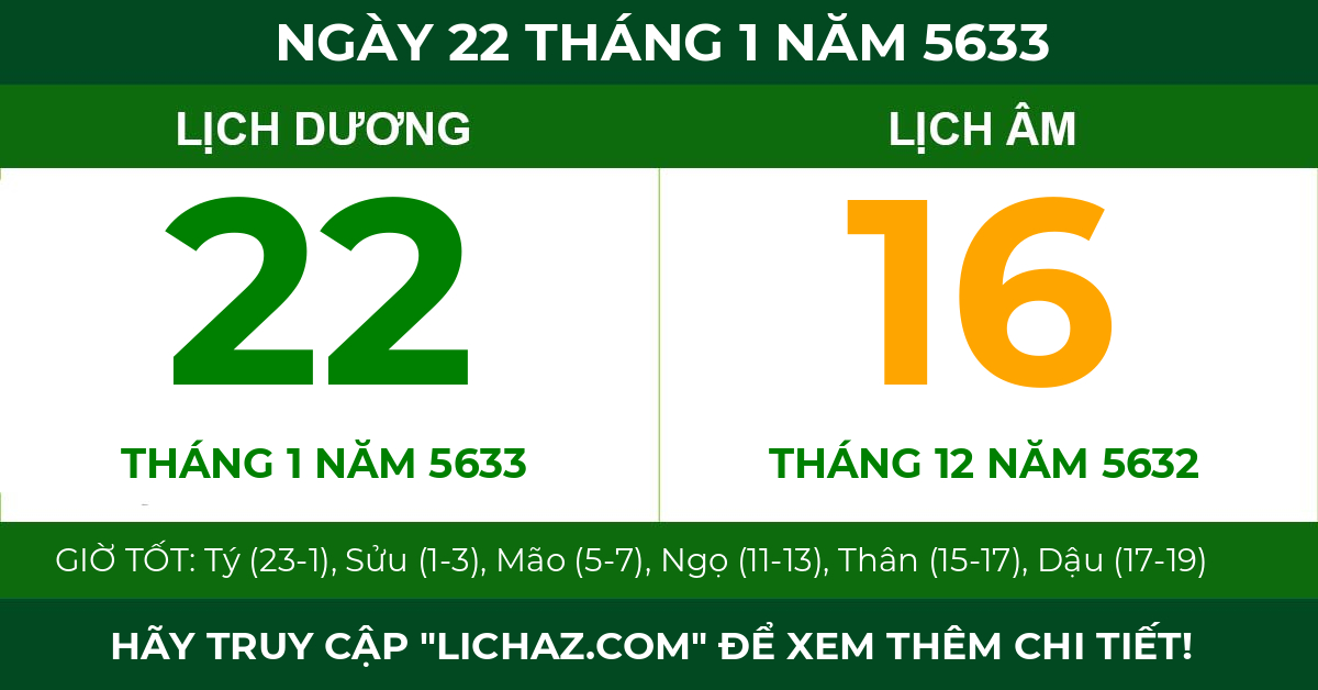 lịch âm ngày 22 tháng 1 năm 5633