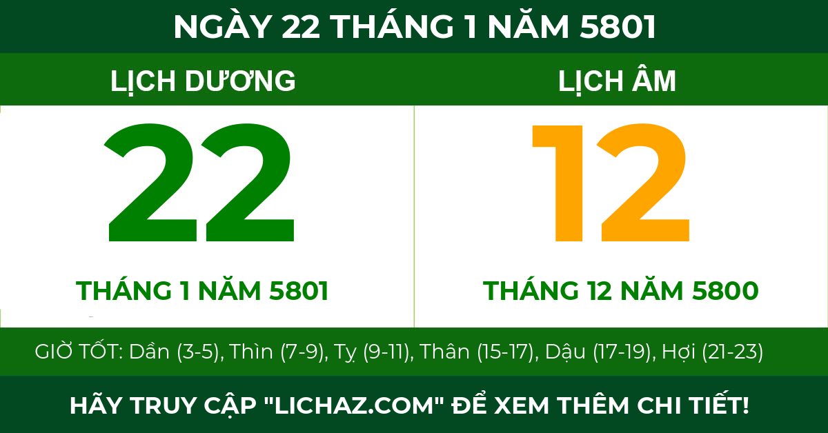 lịch âm ngày 22 tháng 1 năm 5801