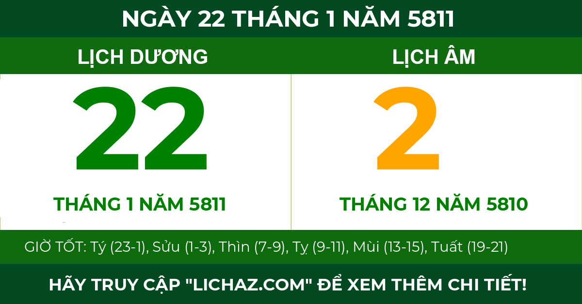 lịch âm ngày 22 tháng 1 năm 5811