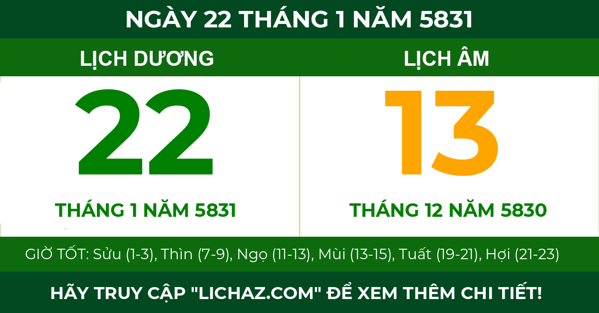 lịch âm ngày 22 tháng 1 năm 5831