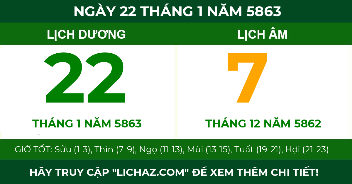lịch âm ngày 22 tháng 1 năm 5863