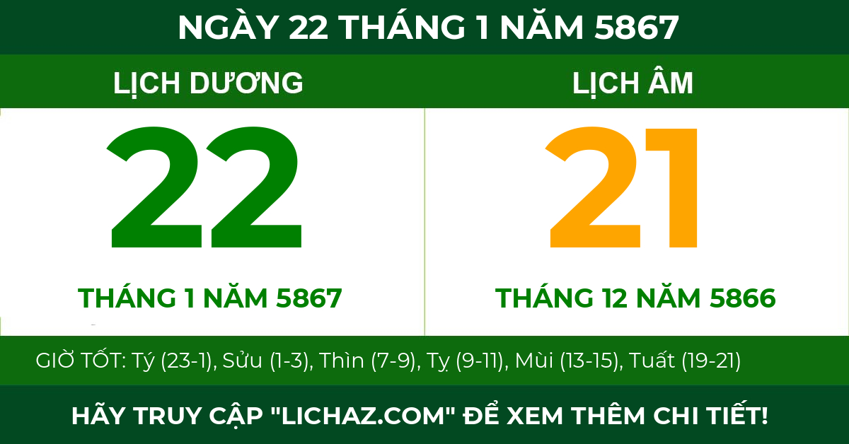 lịch âm ngày 22 tháng 1 năm 5867