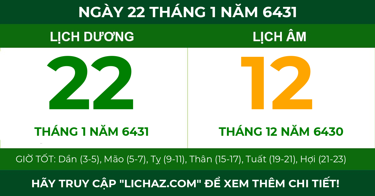 lịch âm ngày 22 tháng 1 năm 6431