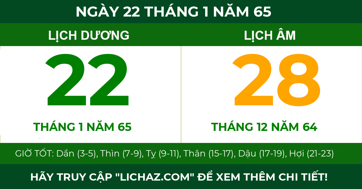 lịch âm ngày 22 tháng 1 năm 65