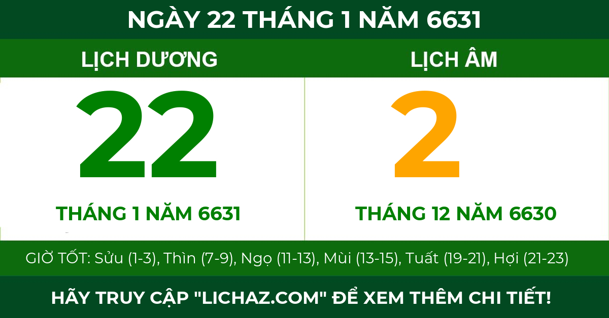 lịch âm ngày 22 tháng 1 năm 6631