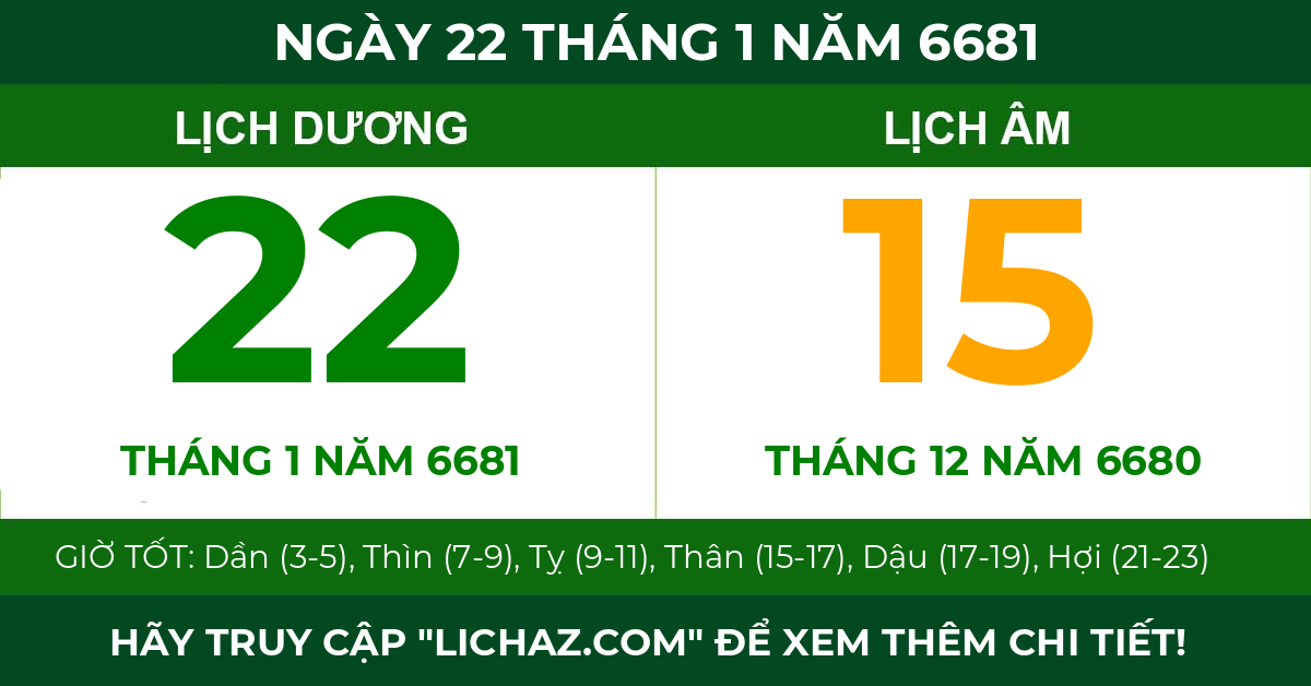 lịch âm ngày 22 tháng 1 năm 6681