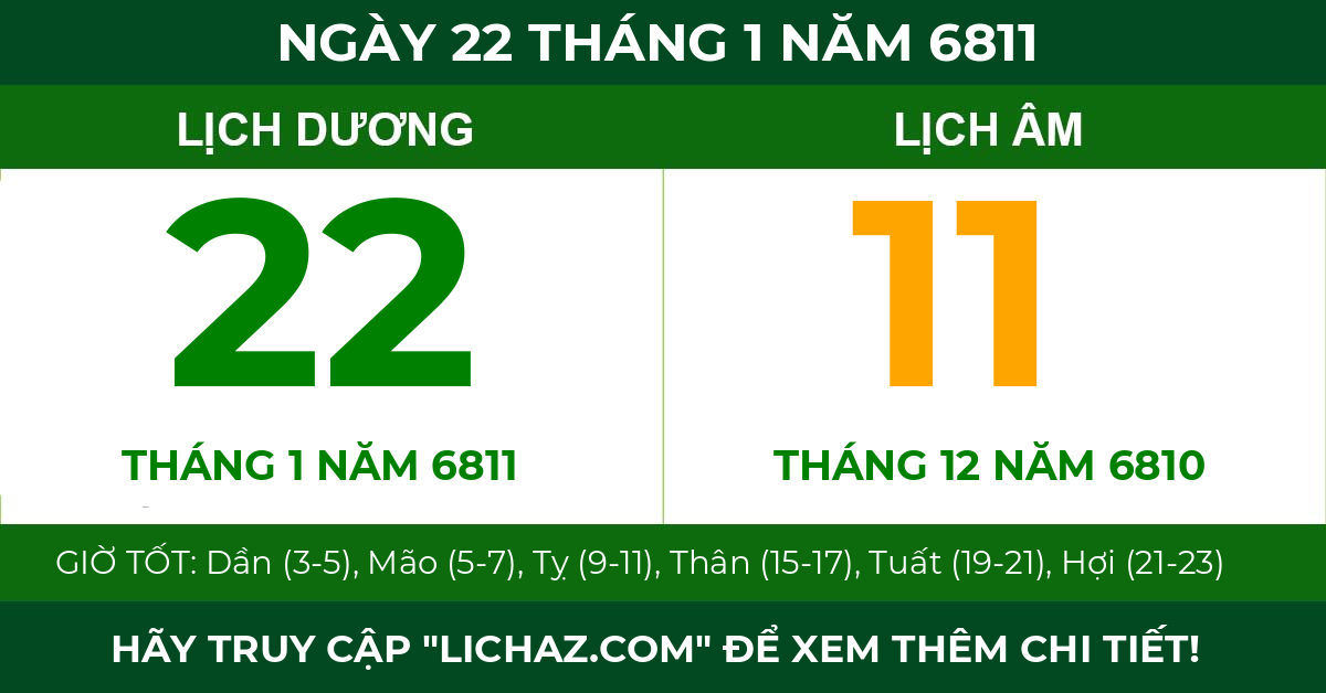 lịch âm ngày 22 tháng 1 năm 6811
