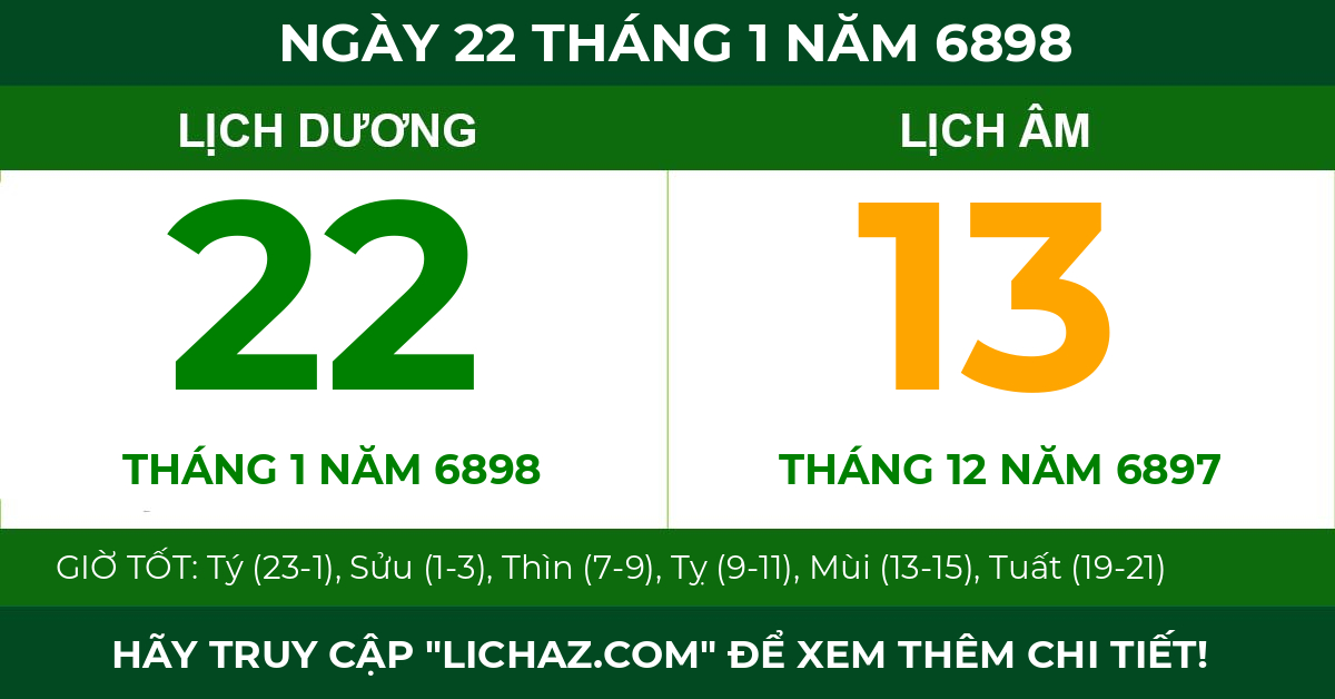lịch âm ngày 22 tháng 1 năm 6898
