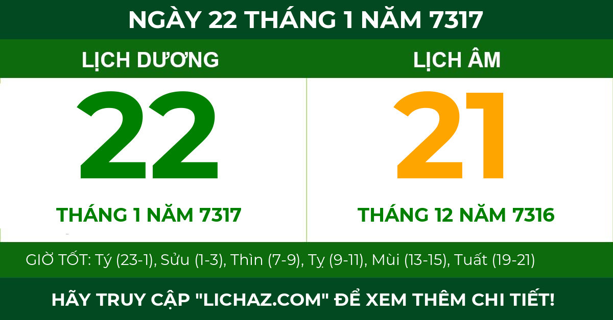 lịch âm ngày 22 tháng 1 năm 7317