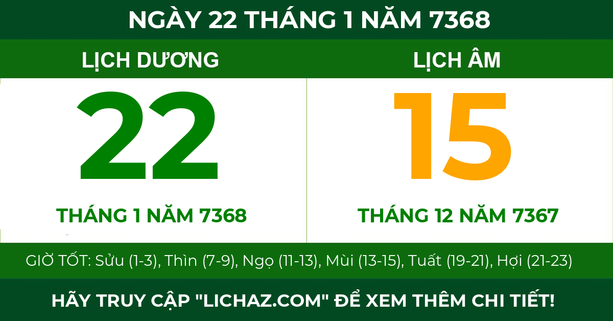 lịch âm ngày 22 tháng 1 năm 7368