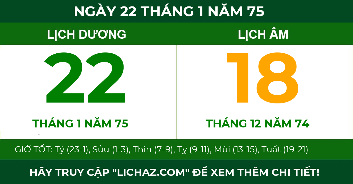 lịch âm ngày 22 tháng 1 năm 75