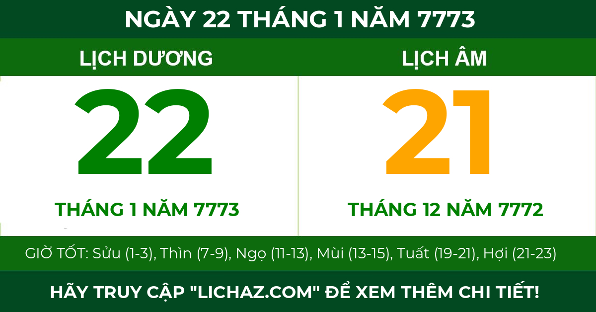 lịch âm ngày 22 tháng 1 năm 7773