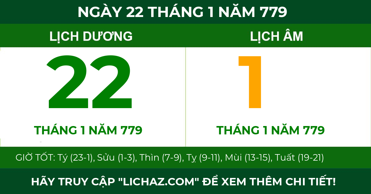 lịch âm ngày 22 tháng 1 năm 779