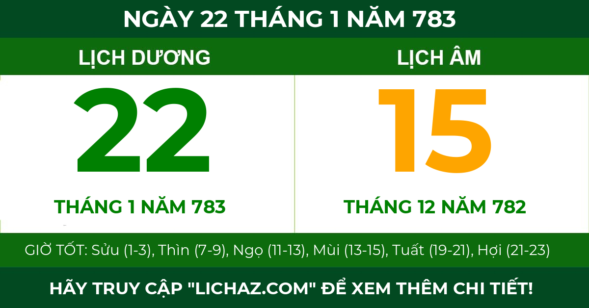 lịch âm ngày 22 tháng 1 năm 783
