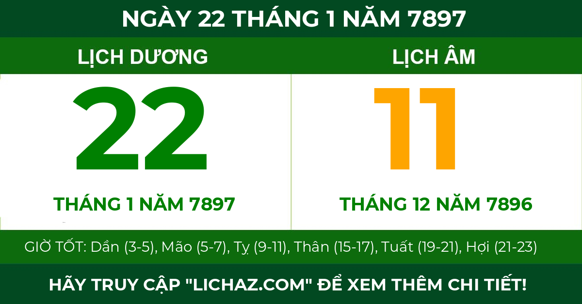 lịch âm ngày 22 tháng 1 năm 7897