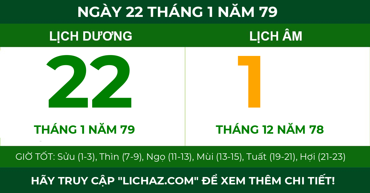 lịch âm ngày 22 tháng 1 năm 79