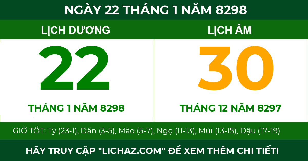 lịch âm ngày 22 tháng 1 năm 8298