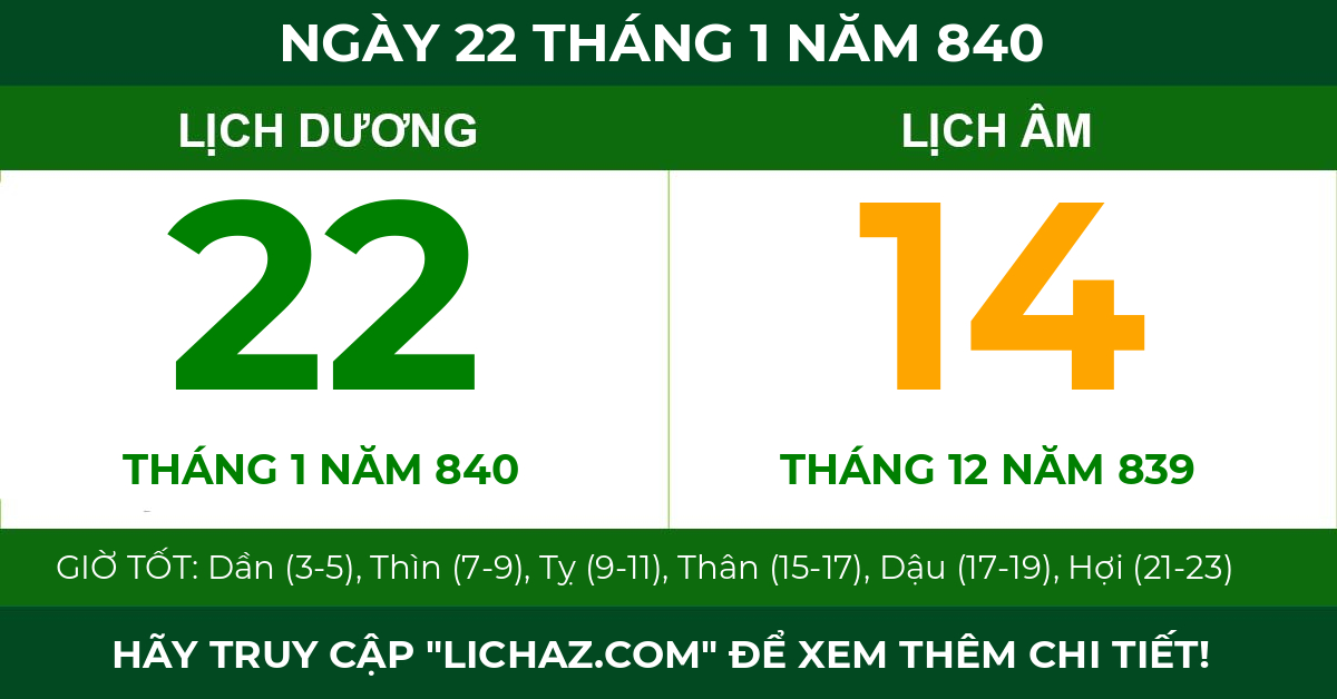 lịch âm ngày 22 tháng 1 năm 840