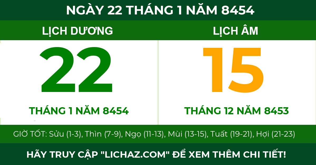 lịch âm ngày 22 tháng 1 năm 8454