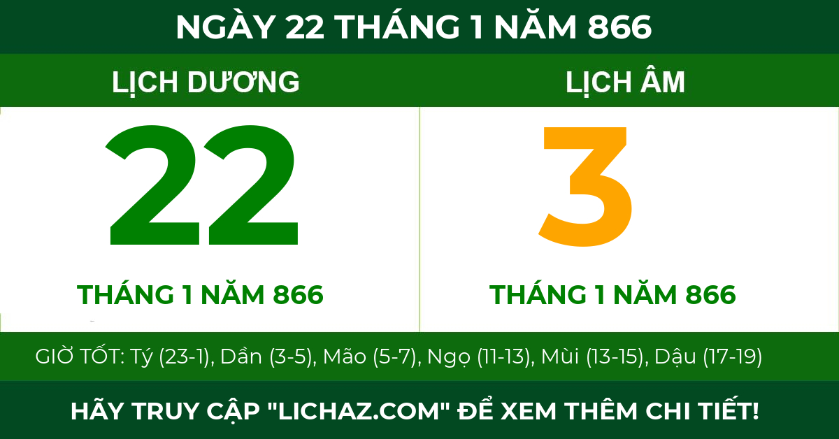 lịch âm ngày 22 tháng 1 năm 866
