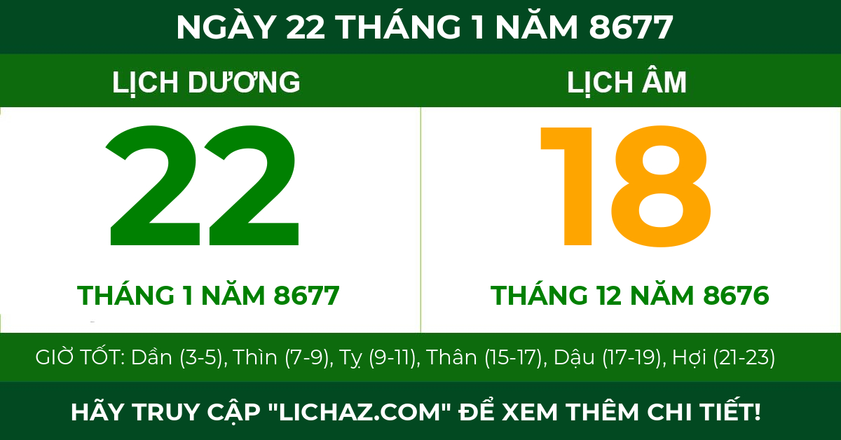 lịch âm ngày 22 tháng 1 năm 8677