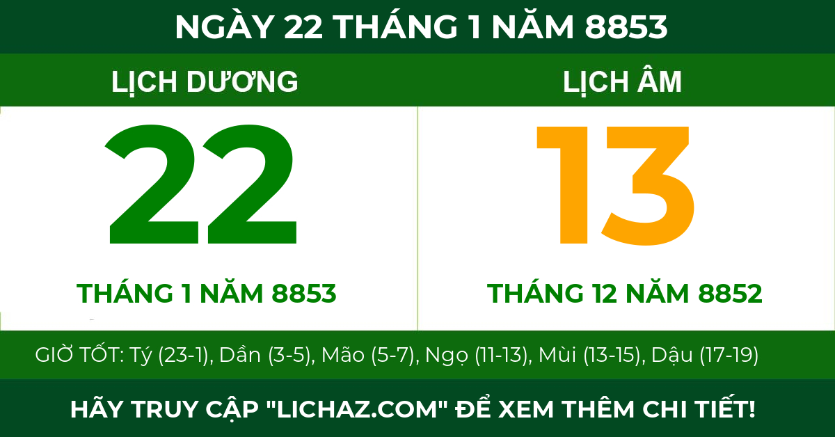 lịch âm ngày 22 tháng 1 năm 8853