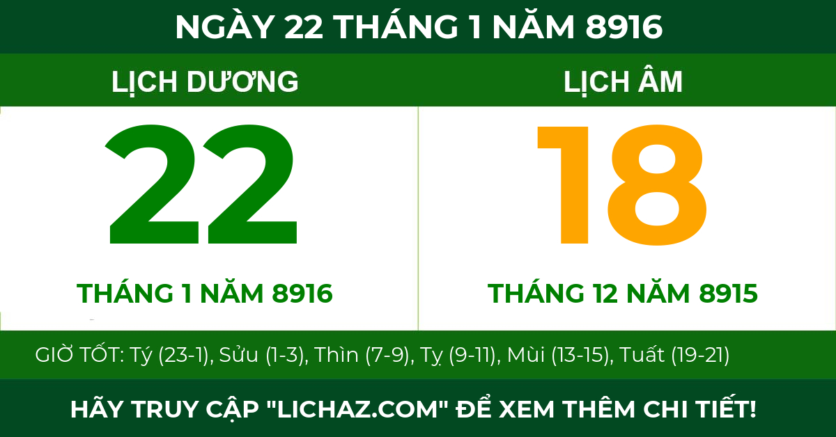 lịch âm ngày 22 tháng 1 năm 8916