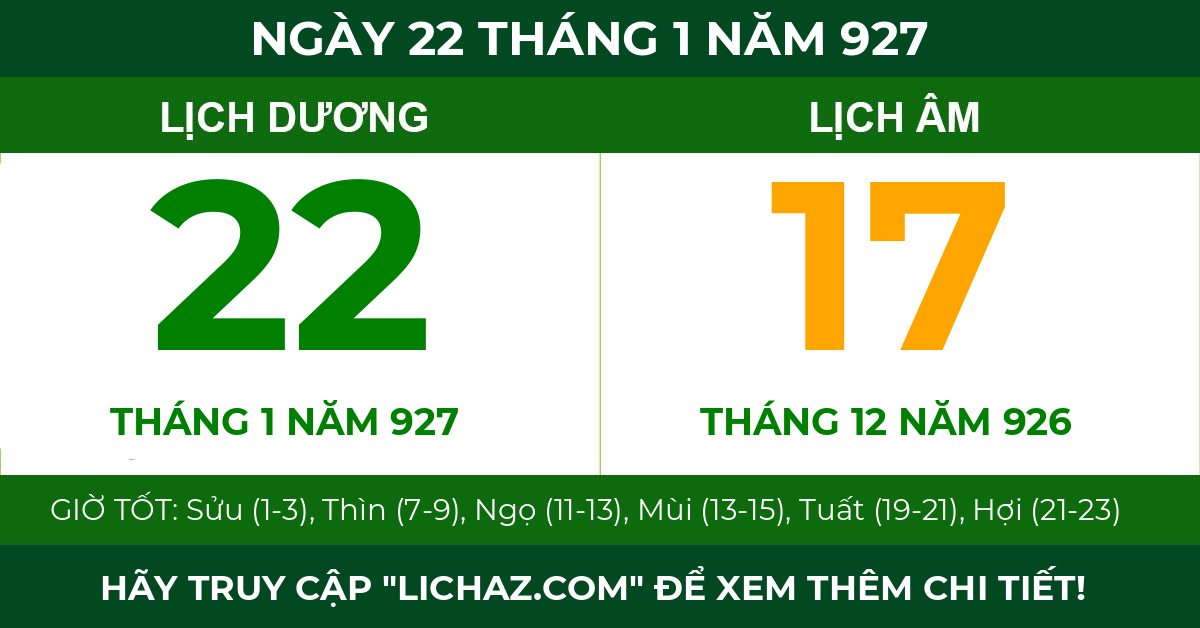 lịch âm ngày 22 tháng 1 năm 927