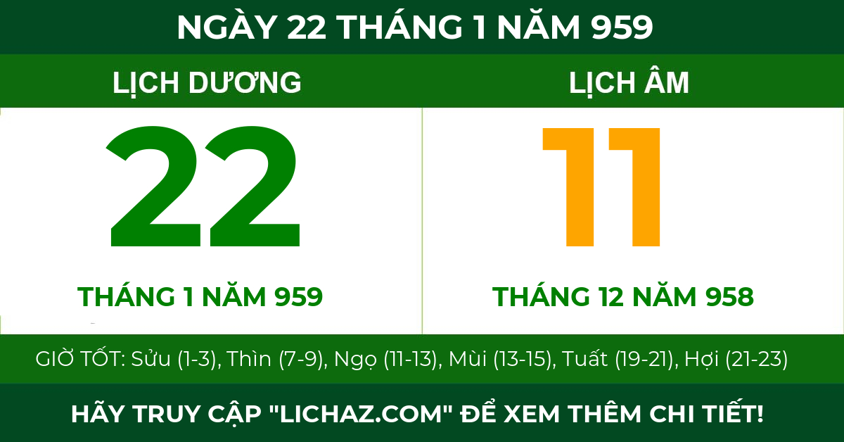lịch âm ngày 22 tháng 1 năm 959