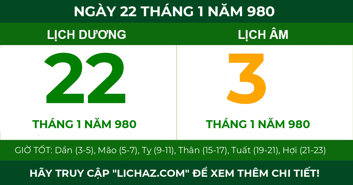 lịch âm ngày 22 tháng 1 năm 980