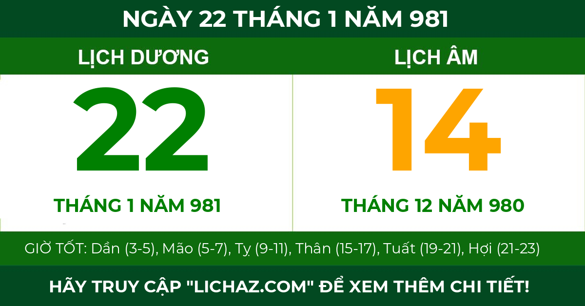 lịch âm ngày 22 tháng 1 năm 981