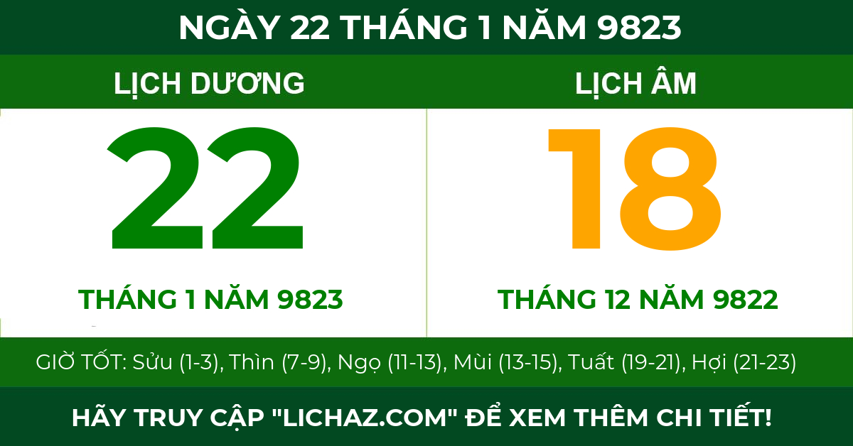 lịch âm ngày 22 tháng 1 năm 9823