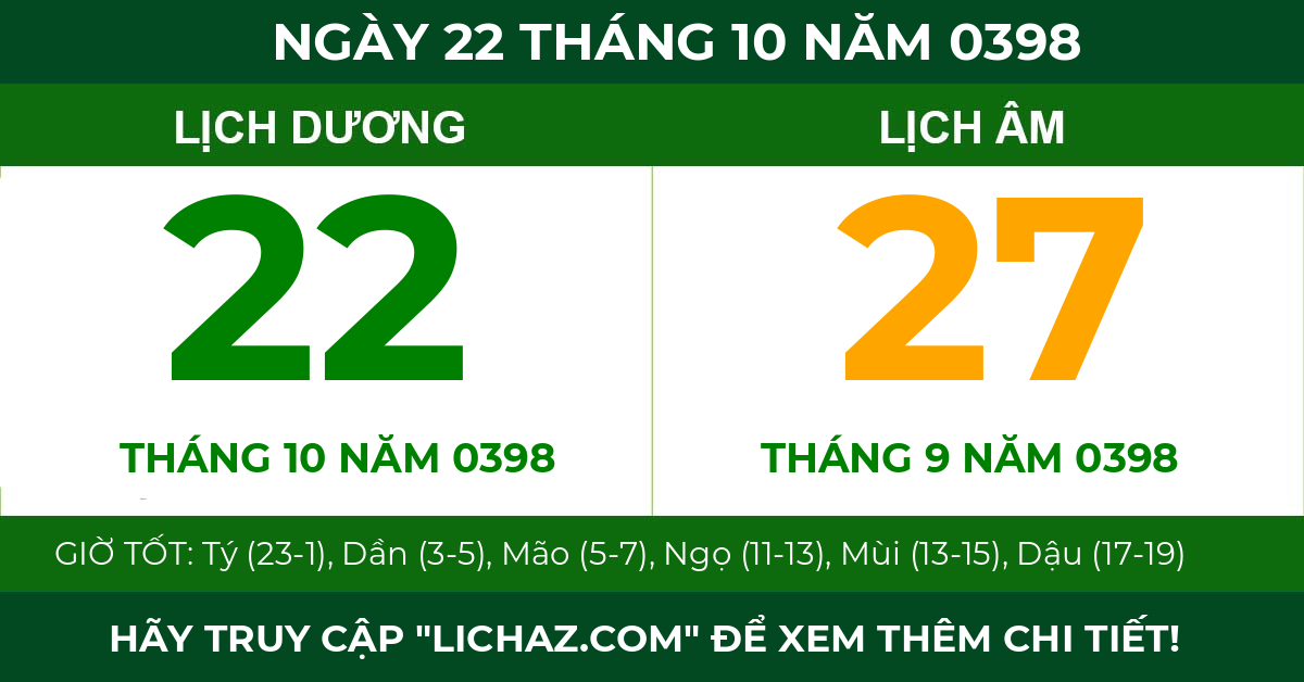 lịch âm ngày 22 tháng 10 năm 0398
