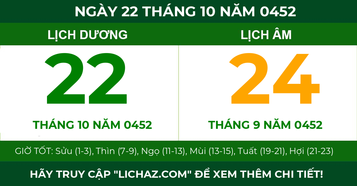 lịch âm ngày 22 tháng 10 năm 0452