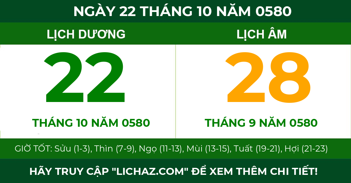 lịch âm ngày 22 tháng 10 năm 0580