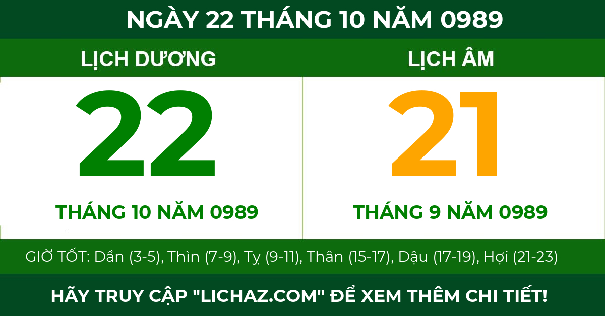 lịch âm ngày 22 tháng 10 năm 0989