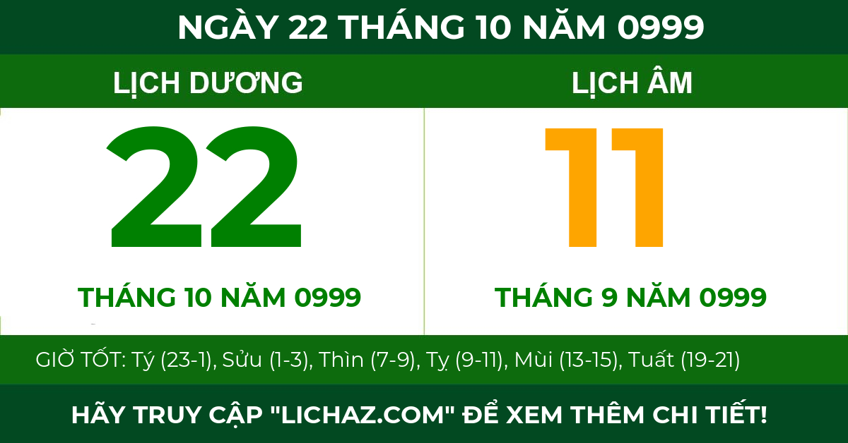 lịch âm ngày 22 tháng 10 năm 0999