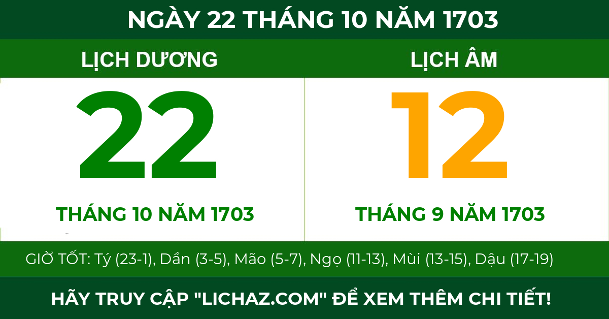 lịch âm ngày 22 tháng 10 năm 1703