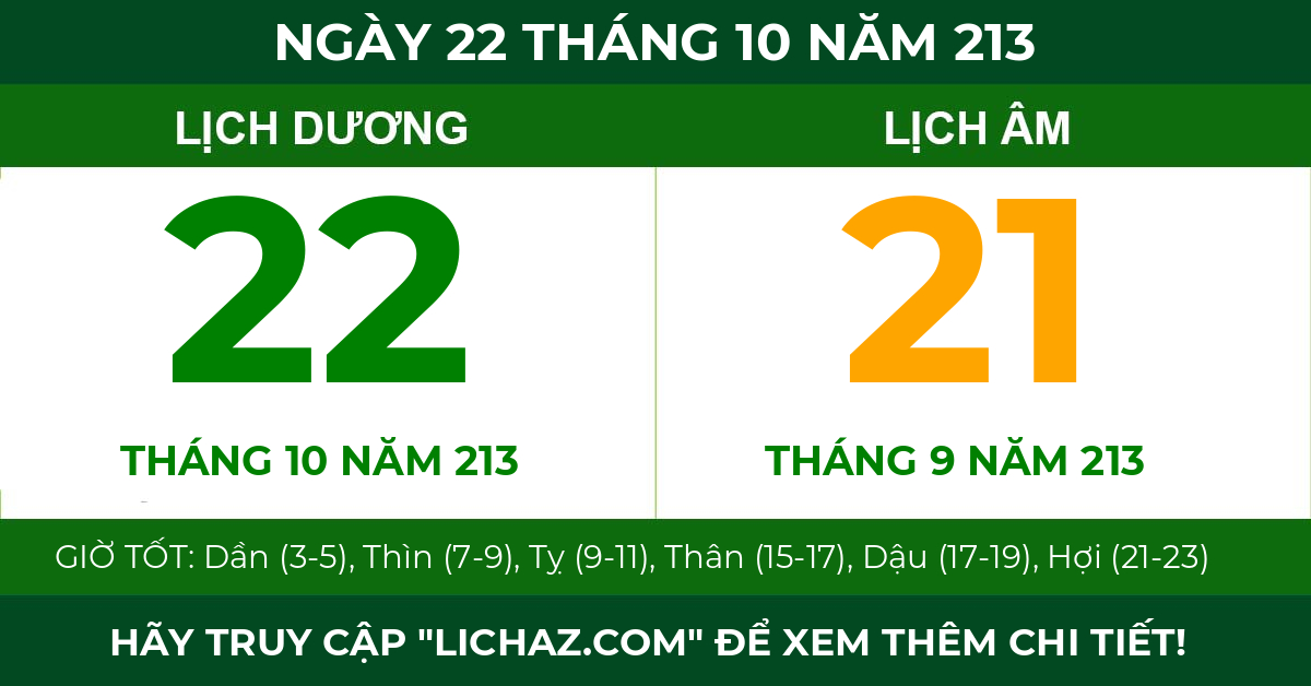 lịch âm ngày 22 tháng 10 năm 213