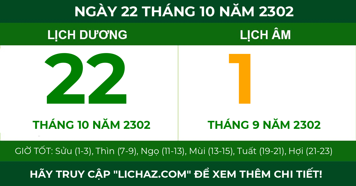 lịch âm ngày 22 tháng 10 năm 2302