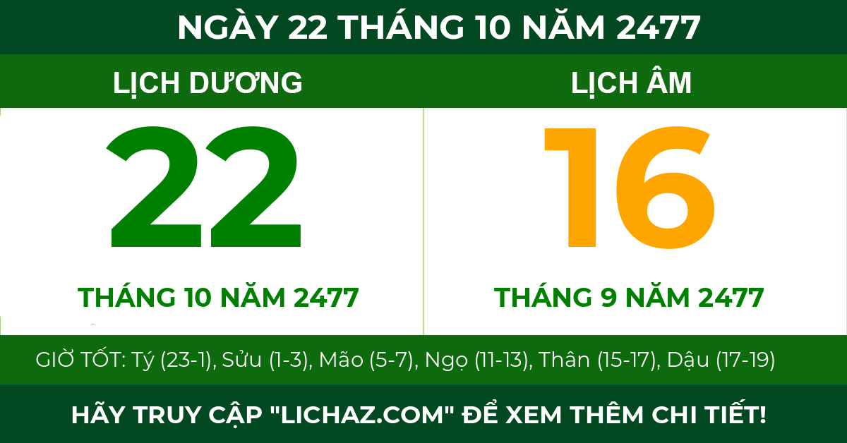 lịch âm ngày 22 tháng 10 năm 2477
