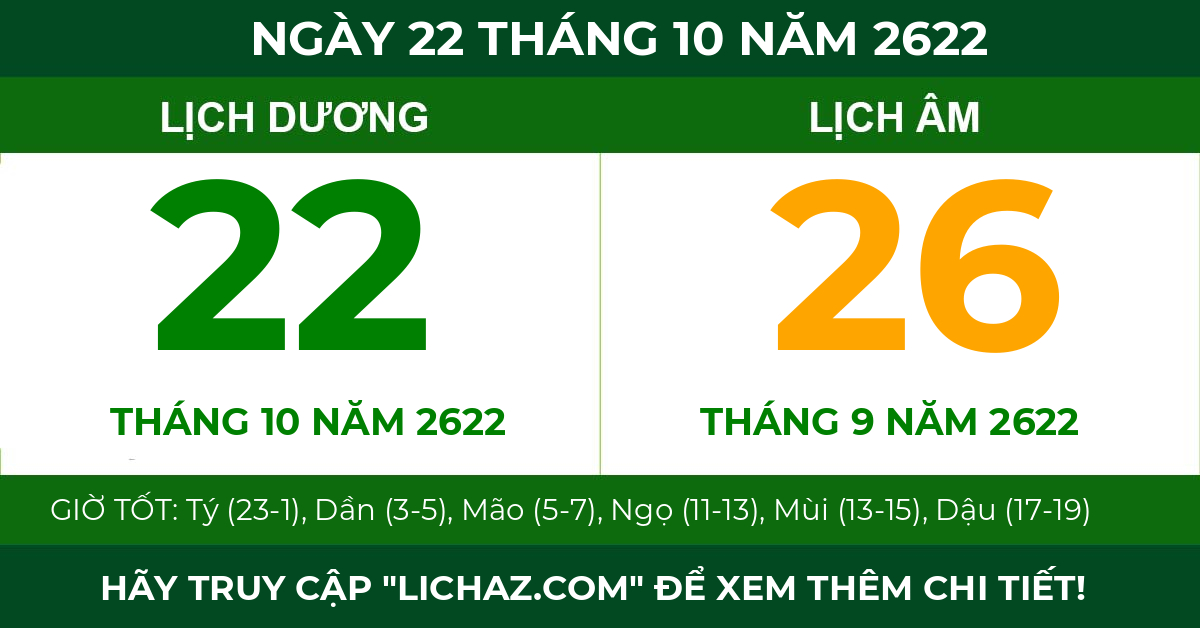 lịch âm ngày 22 tháng 10 năm 2622