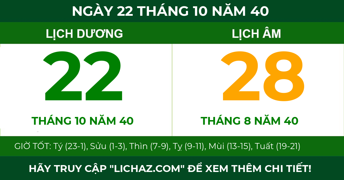 lịch âm ngày 22 tháng 10 năm 40