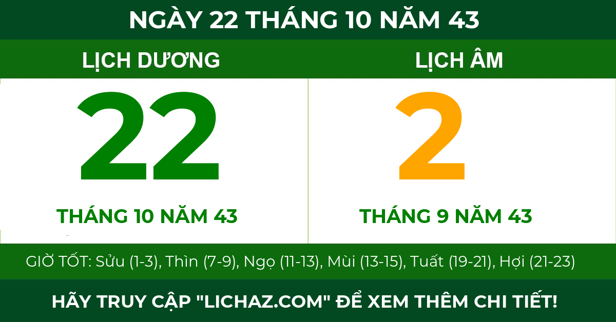 lịch âm ngày 22 tháng 10 năm 43