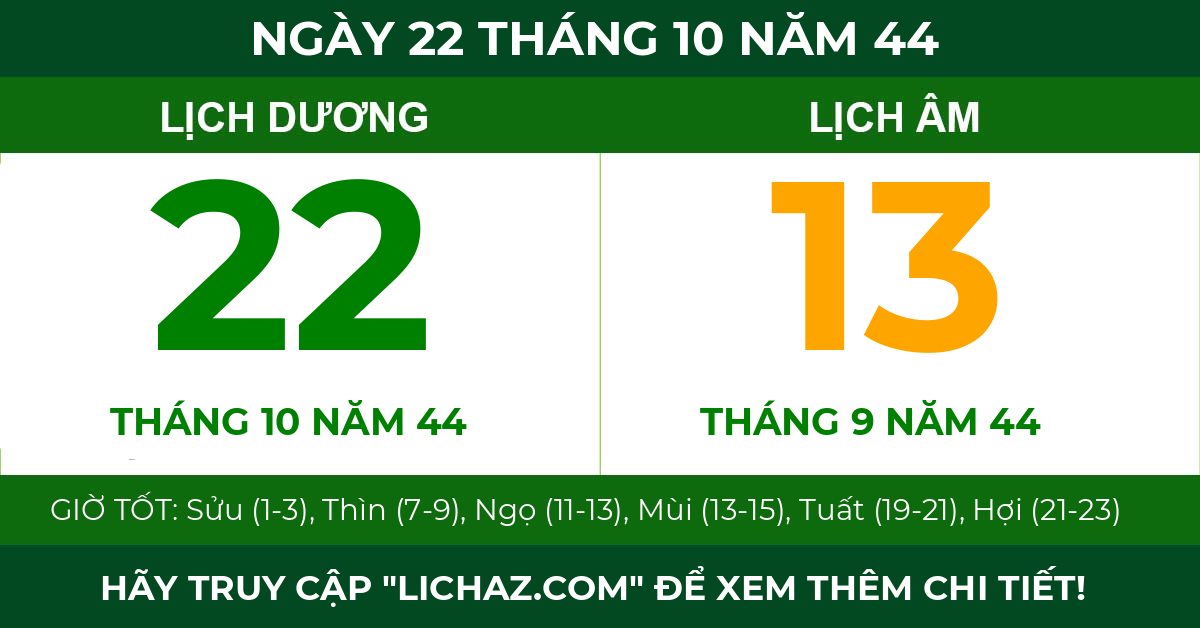 lịch âm ngày 22 tháng 10 năm 44